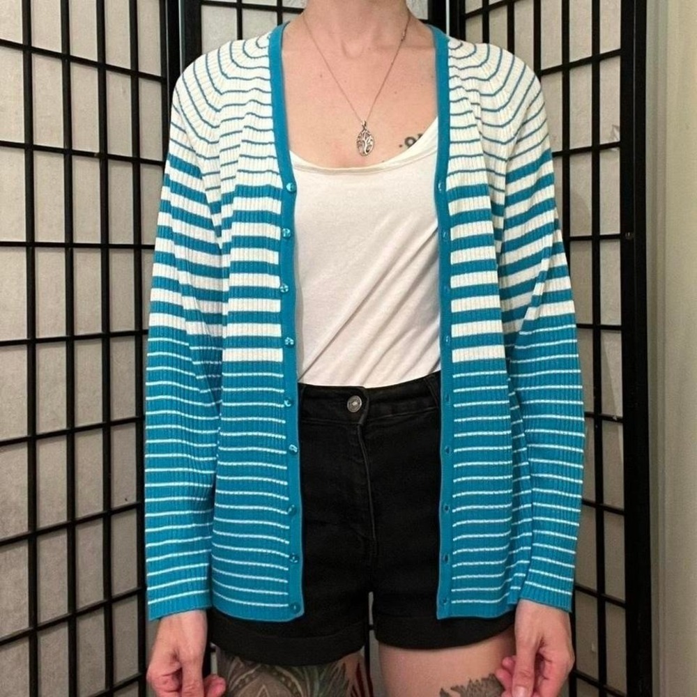 Blue and White Striped Cardigan‎ by Jenny Vintage 90s Medium Retro Spring